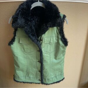 Ann Trinity Reversible Faux Mink Fur Vest or Green Denim with Fur Trim